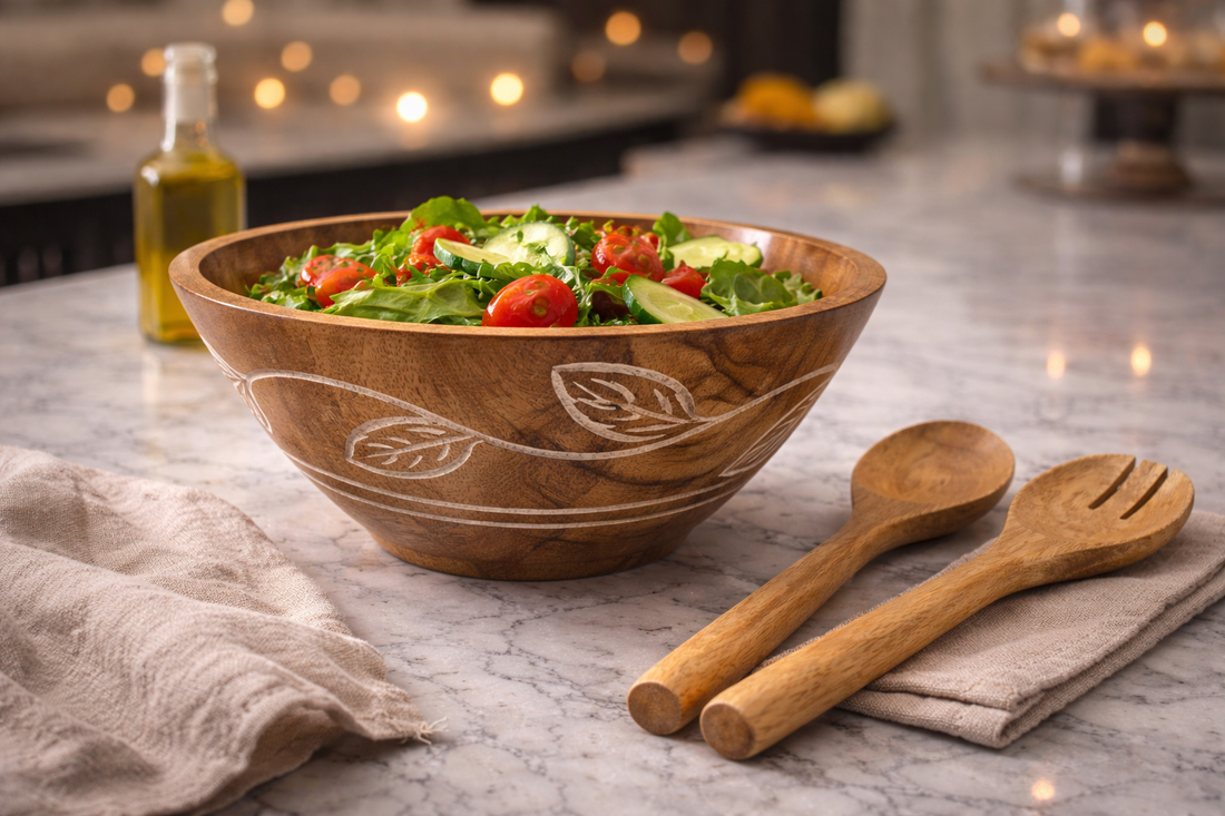Carved Pattern Mango Wood Salad Bowl/Servers - 3 Pc Set