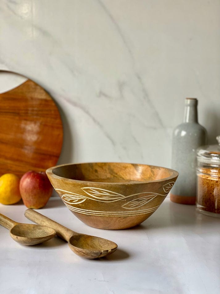 Carved Pattern Mango Wood Salad Bowl/Servers - 3 Pc Set