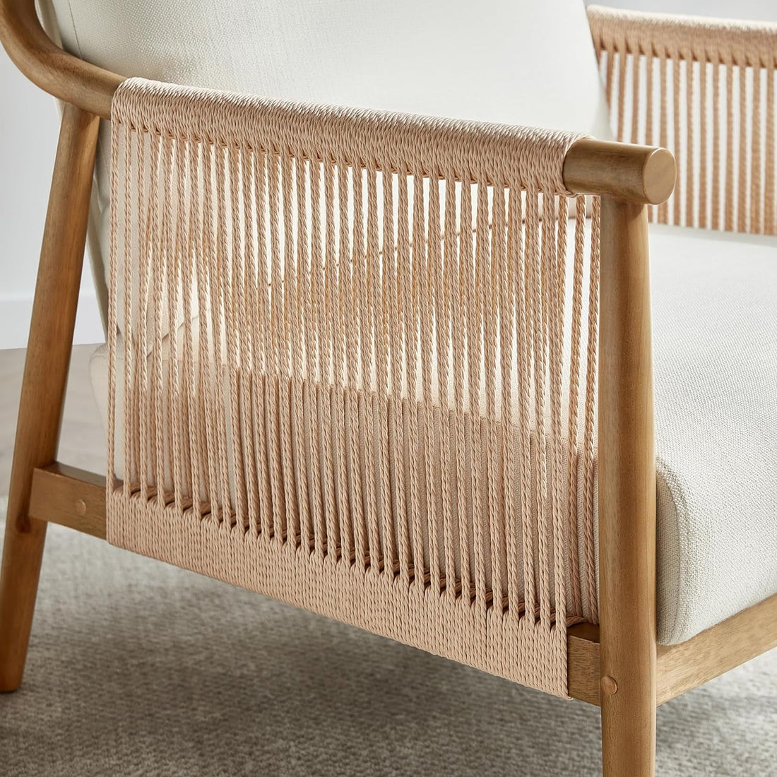 Cream Braided Accent Armchair With Wooden Armrests