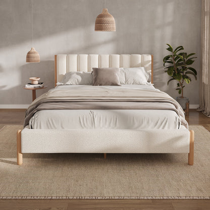 Queen Size Bed Frame with Boucle Upholstered Headboard and Solid Wooden Legs - Off White
