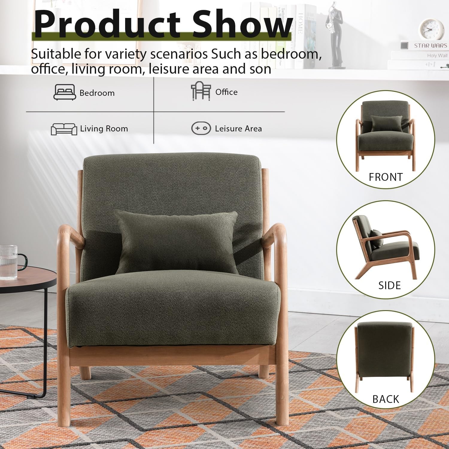 Olive Gray Upholstered Mid Century Modern Accent Armchair