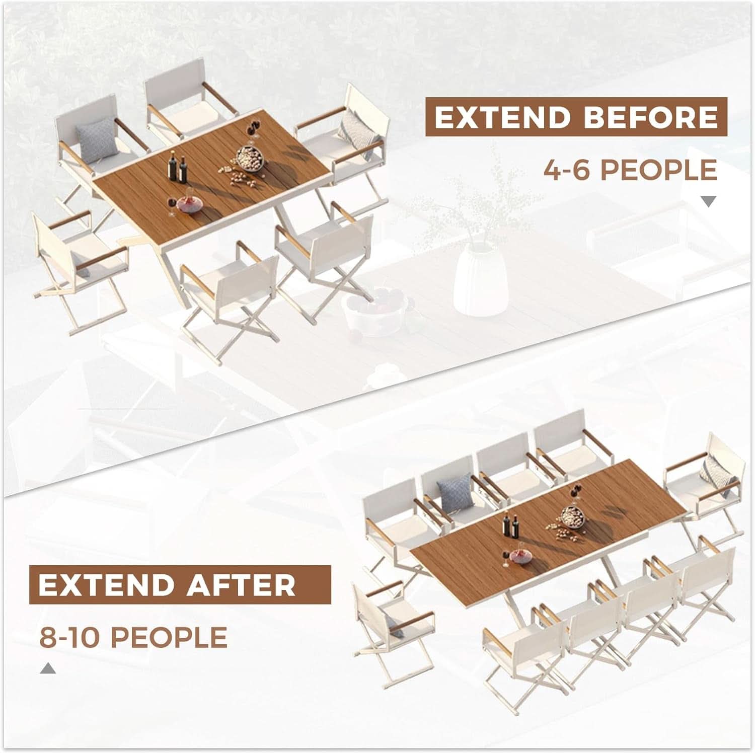 11 Piece Outdoor Dining Set - 10 Cream Colored Sling Mesh Chairs With Expandable Wood Grain Table For 6-10 Guests