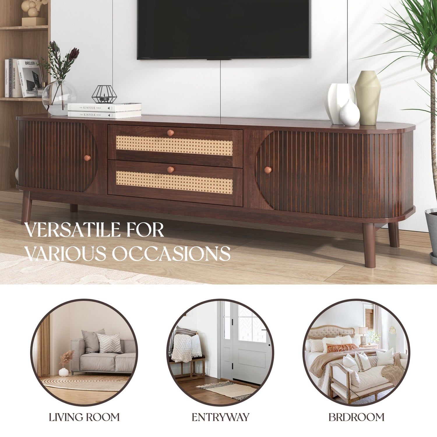 Modern Mid Century Rattan TV Stand