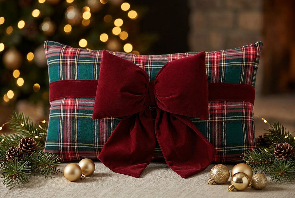 Plaid Lumbar Pillow with Red Velvet Bow - 8" x 18"