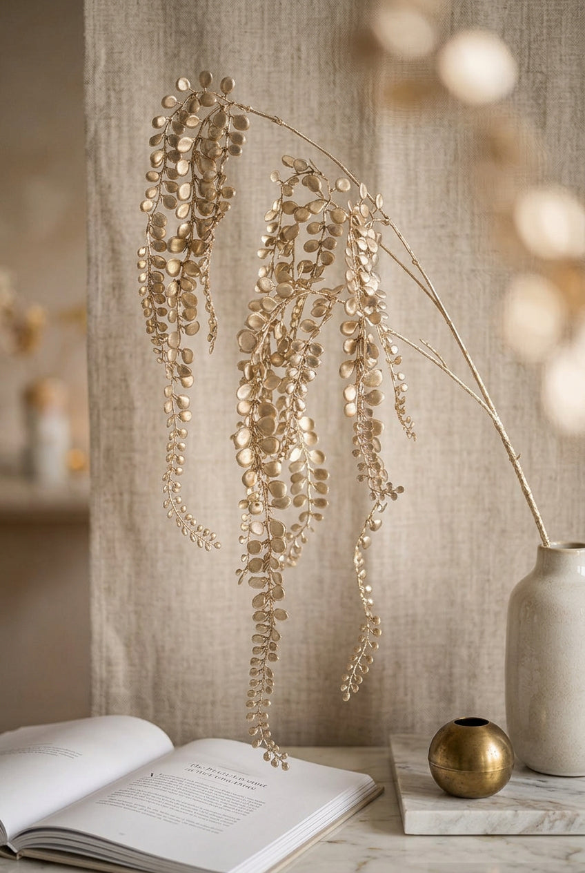 47" Champagne Metallic Button Leaf Hanging Spray