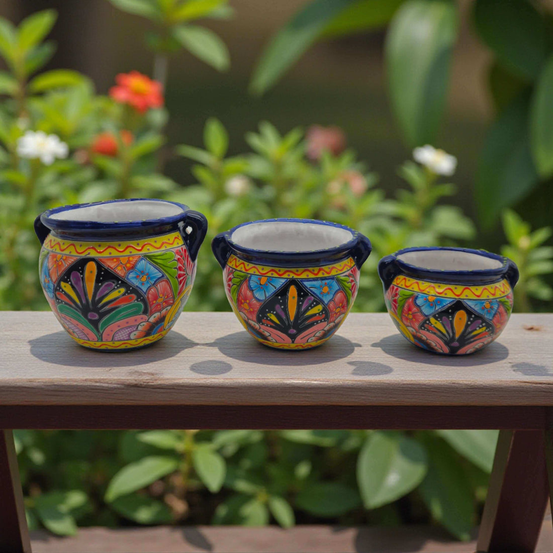 Cobalt Blue Rim Talavera Pot Trio | Hand-Painted Planters - 3 Pc Set