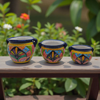 Cobalt Blue Rim Talavera Pot Trio | Hand-Painted Planters - 3 Pc Set