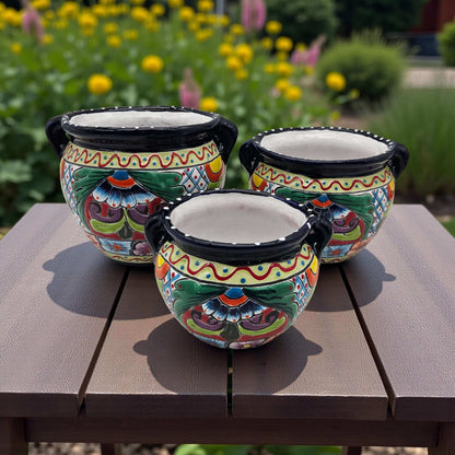 Cobalt Blue Rim Talavera Pot Trio | Hand-Painted Planters - 3 Pc Set