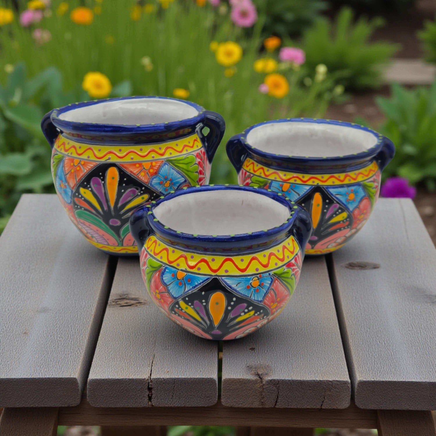 Cobalt Blue Rim Talavera Pot Trio | Hand-Painted Planters - 3 Pc Set