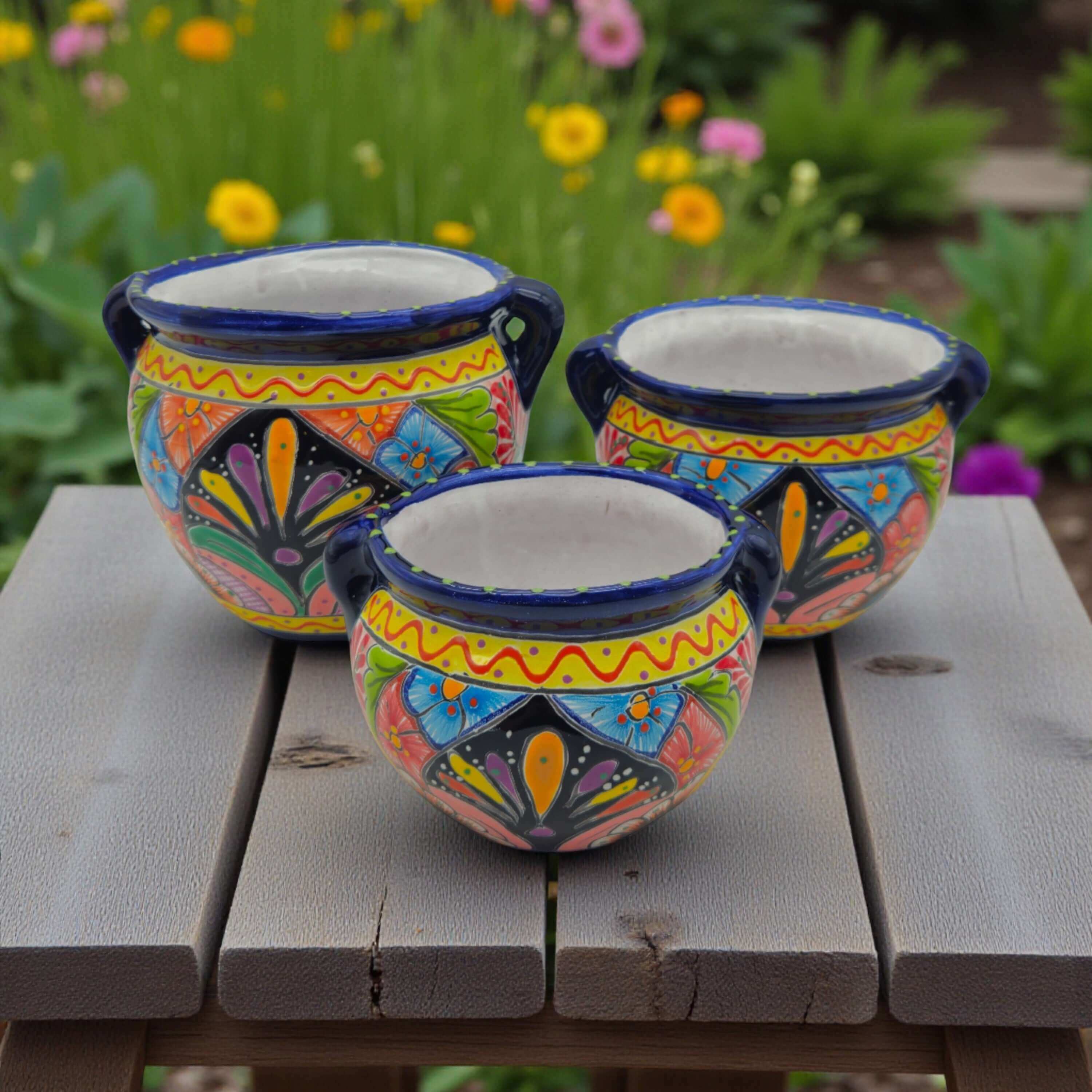 Cobalt Blue Rim Talavera Pot Trio | Hand-Painted Planters - 3 Pc Set