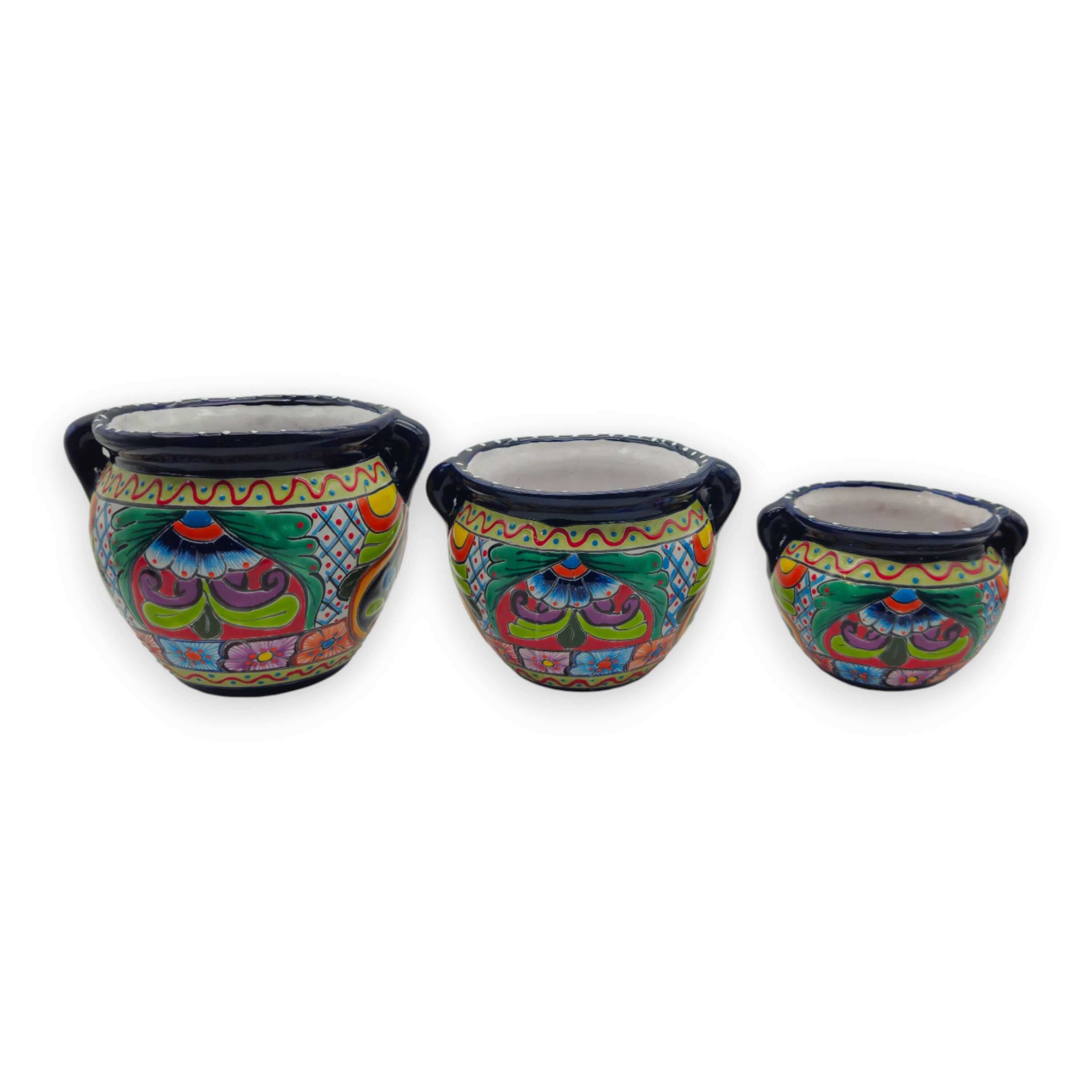 Cobalt Blue Rim Talavera Pot Trio | Hand-Painted Planters - 3 Pc Set