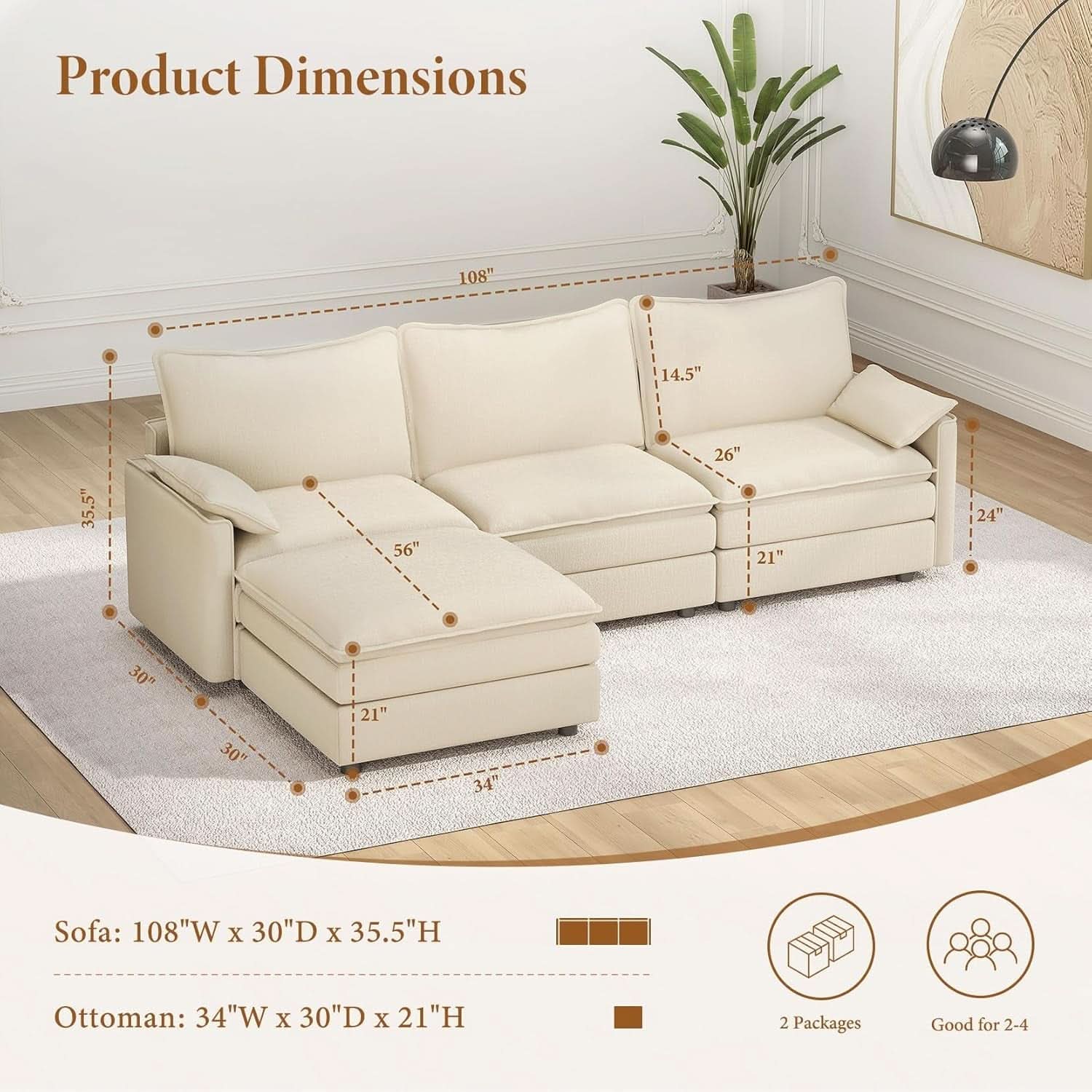 Comfy 108 Inch Modular Sectional Sofa With Ottoman - Beige