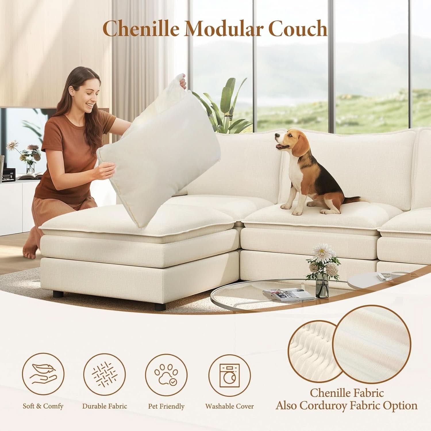 Comfy 108 Inch Modular Sectional Sofa With Ottoman - Beige