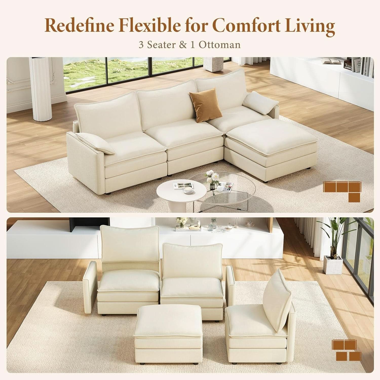 Comfy 108 Inch Modular Sectional Sofa With Ottoman - Beige
