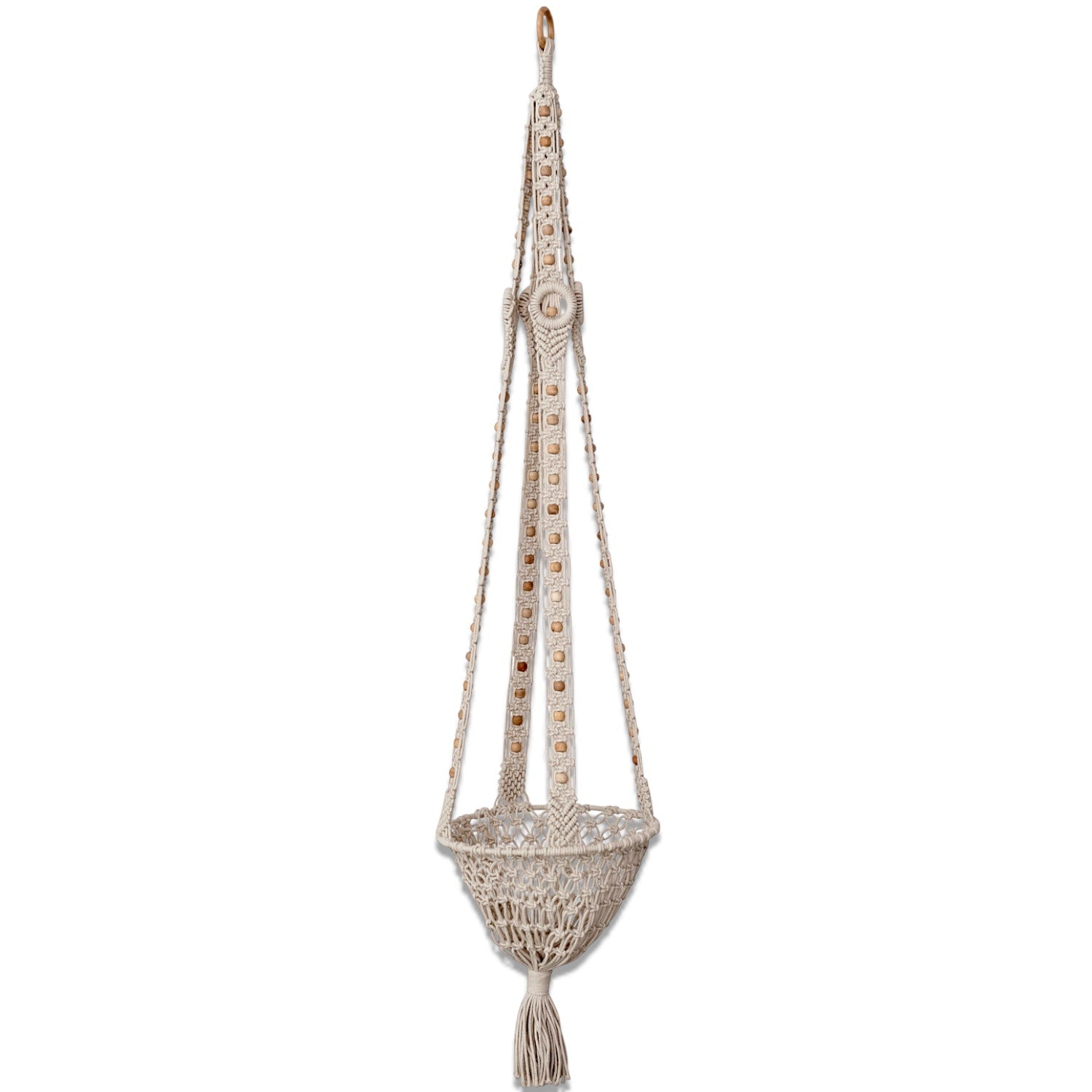 Cotton Macrame Plant Hanger with Wood Beads &amp; Tassel