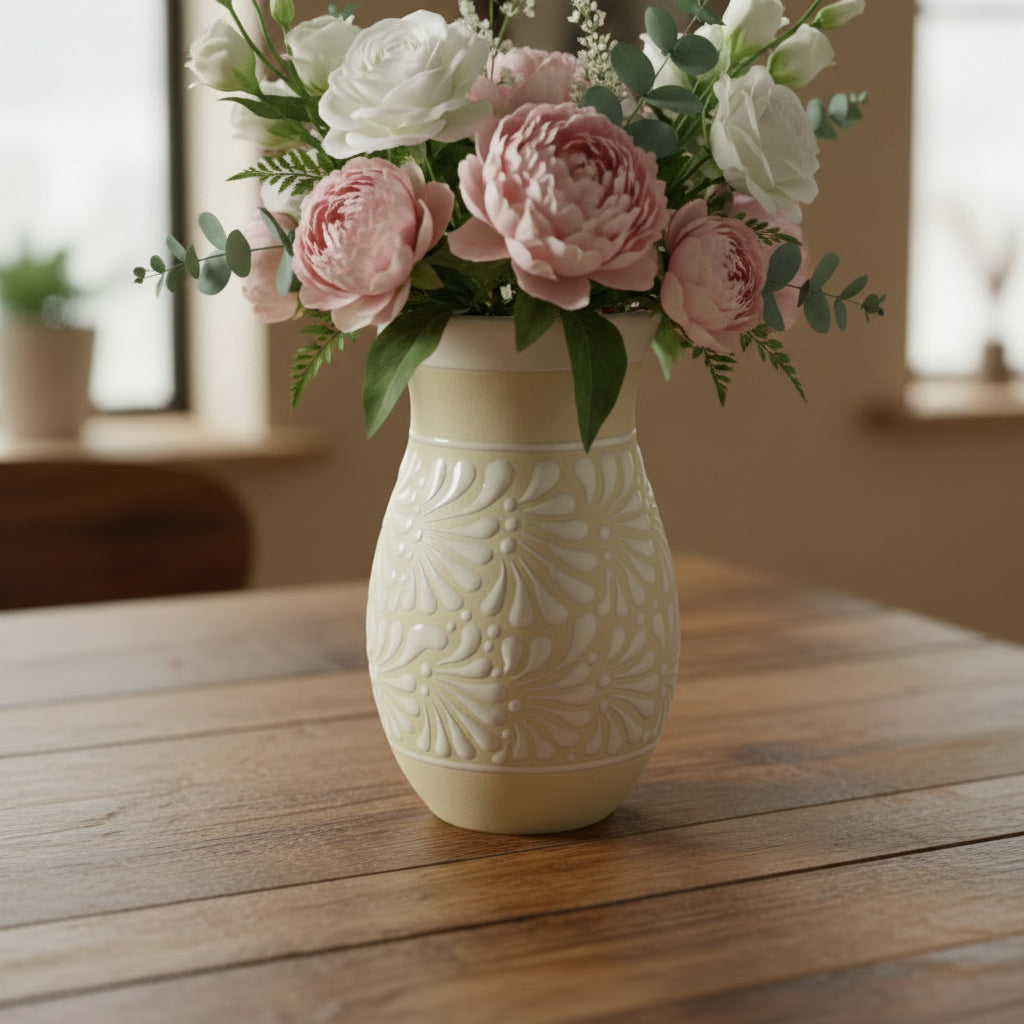 Cream &amp; White Talavera Vase | Handmade Floral Pottery