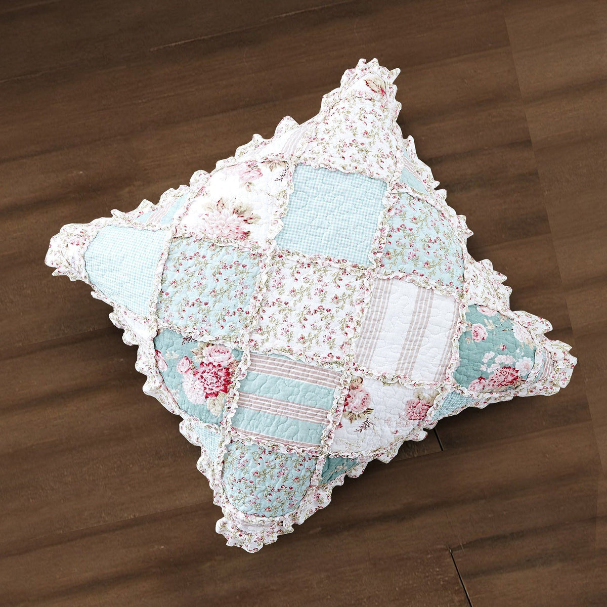 Hint of Mint Floral Cotton Patchwork Euro Pillow Cover