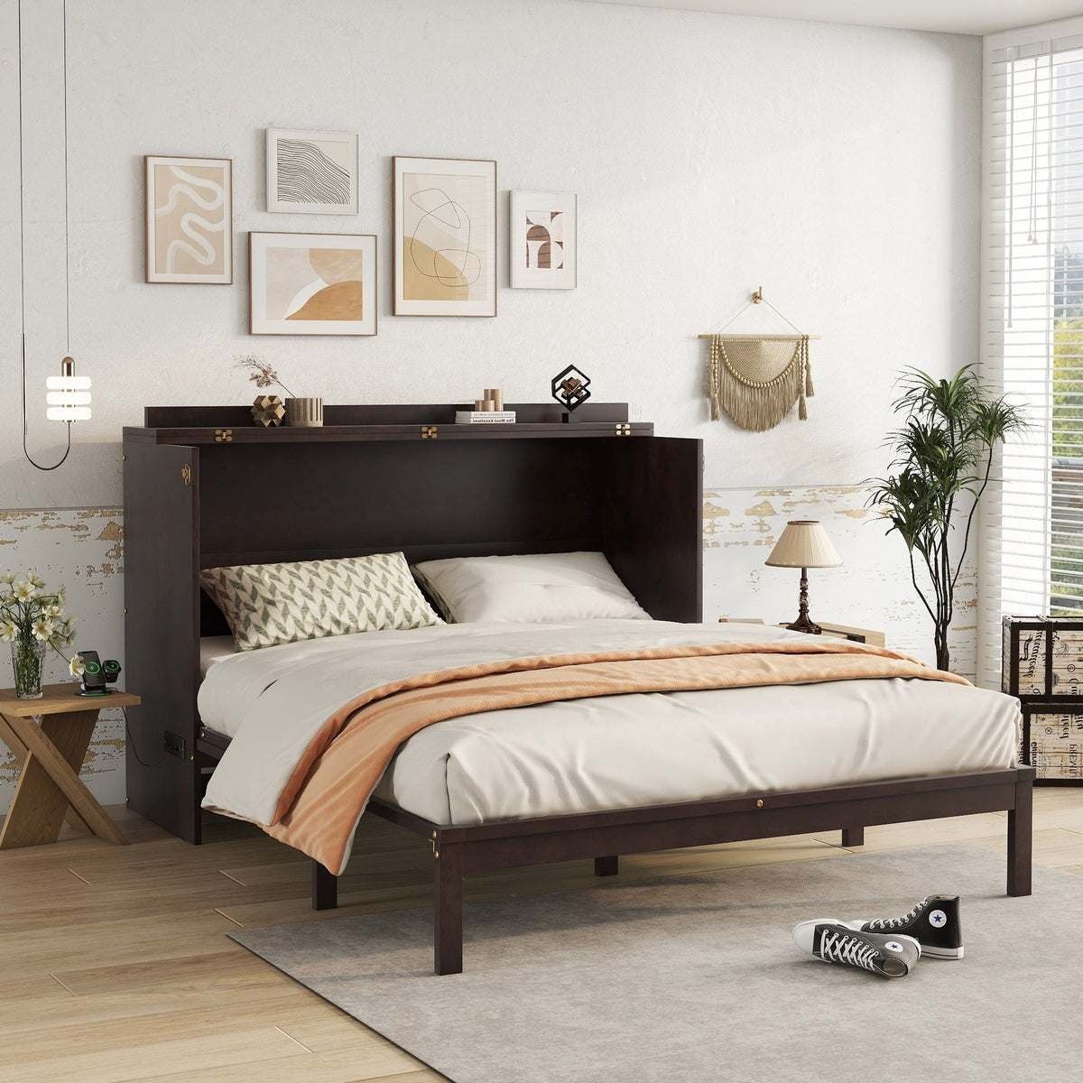 Queen Size Murphy Bed, Pine Wood with Power Station and Rattan Decoration Panel - Espresso