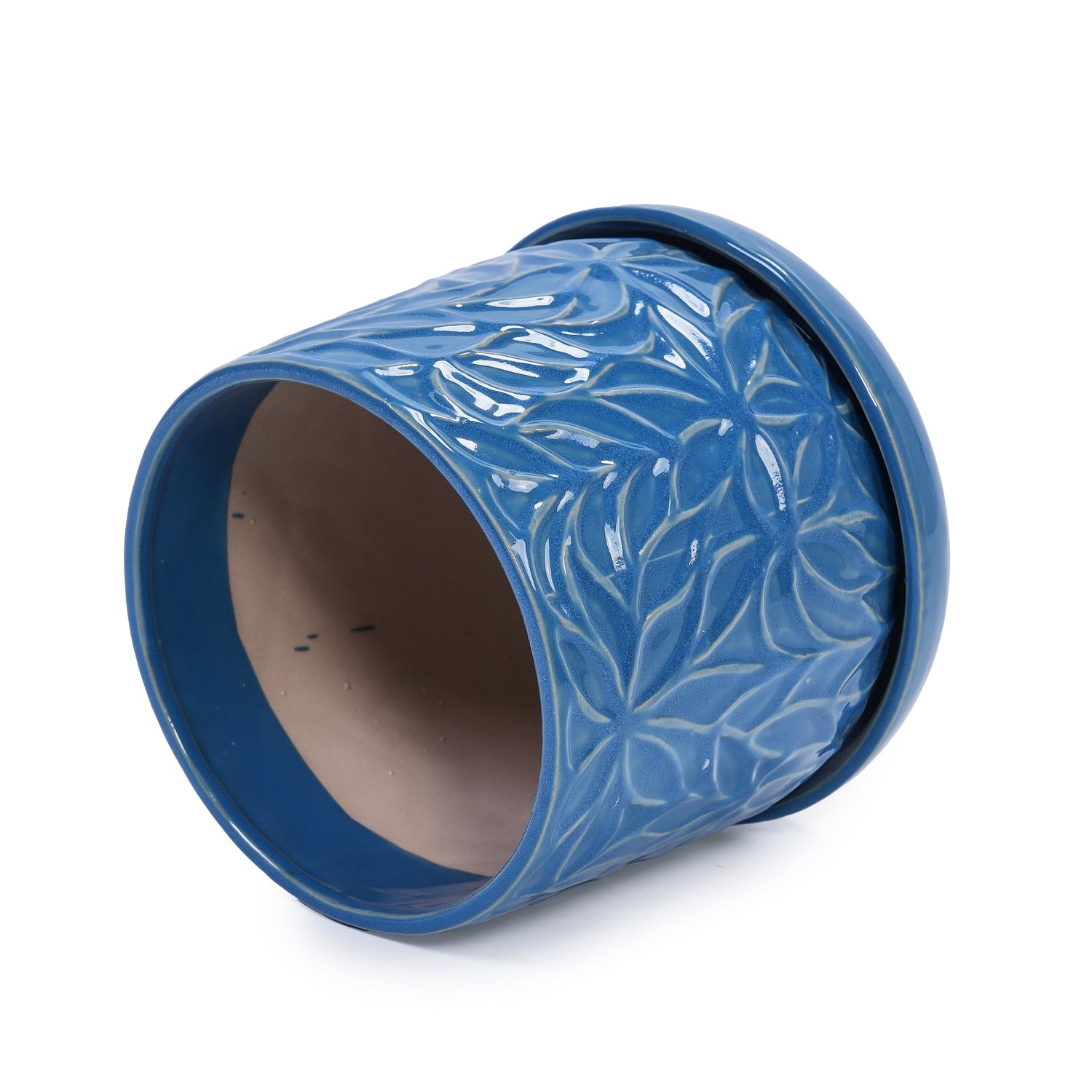 Set of 2 Embossed Ceramic Flowerpots - Blue
