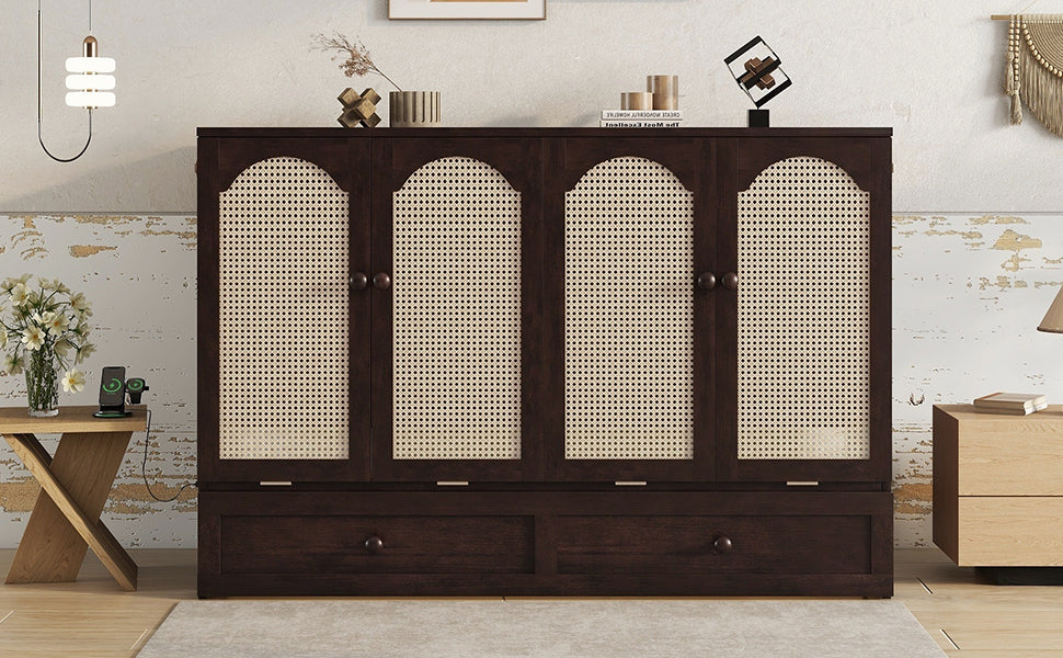 Queen Size Murphy Bed, Pine Wood with Power Station and Rattan Decoration Panel - Espresso
