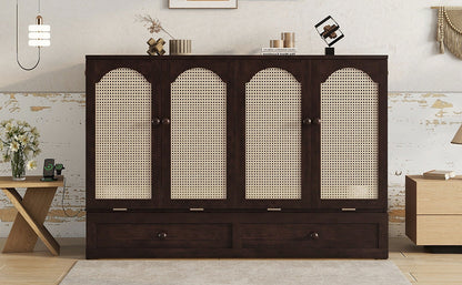 Queen Size Murphy Bed, Pine Wood with Power Station and Rattan Decoration Panel - Espresso