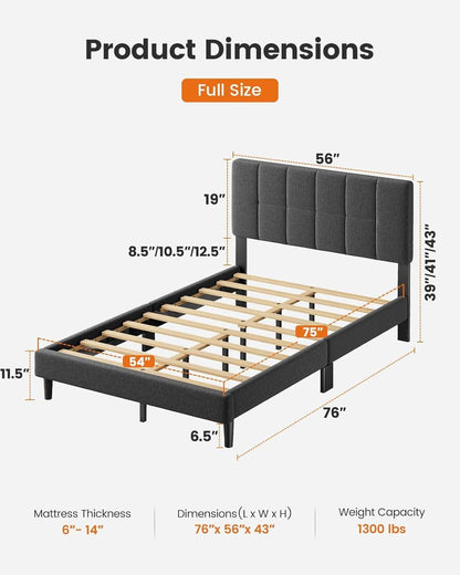 Full Size Upholstered Bed Frame With Adjustable Headboard - Dark Gray