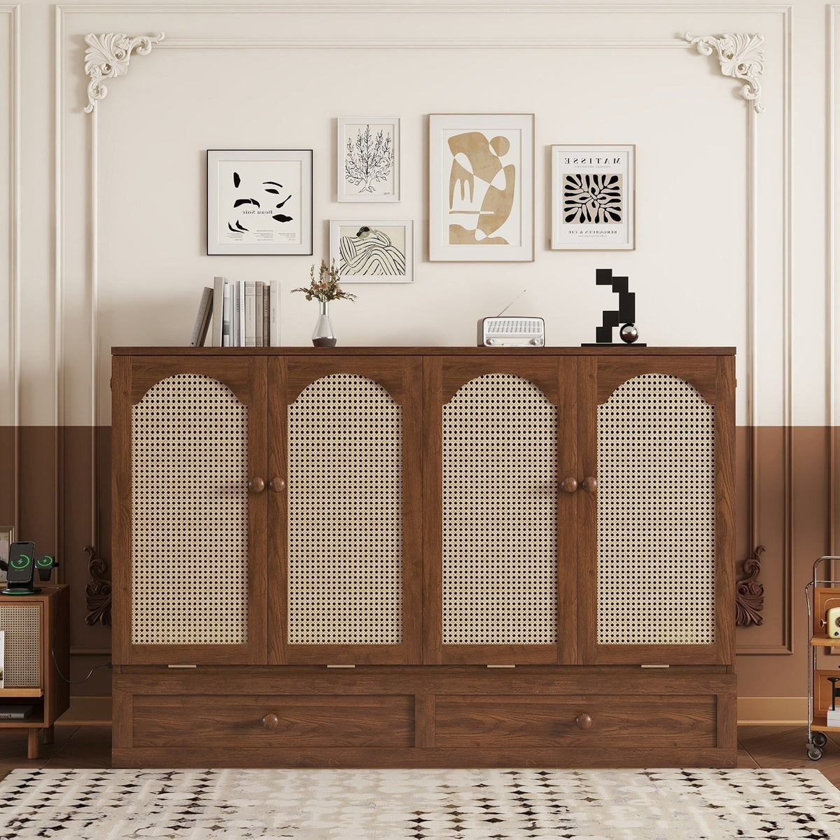 Queen Size Murphy Bed, Pine Wood with Power Station and Rattan Decoration Panel - Walnut