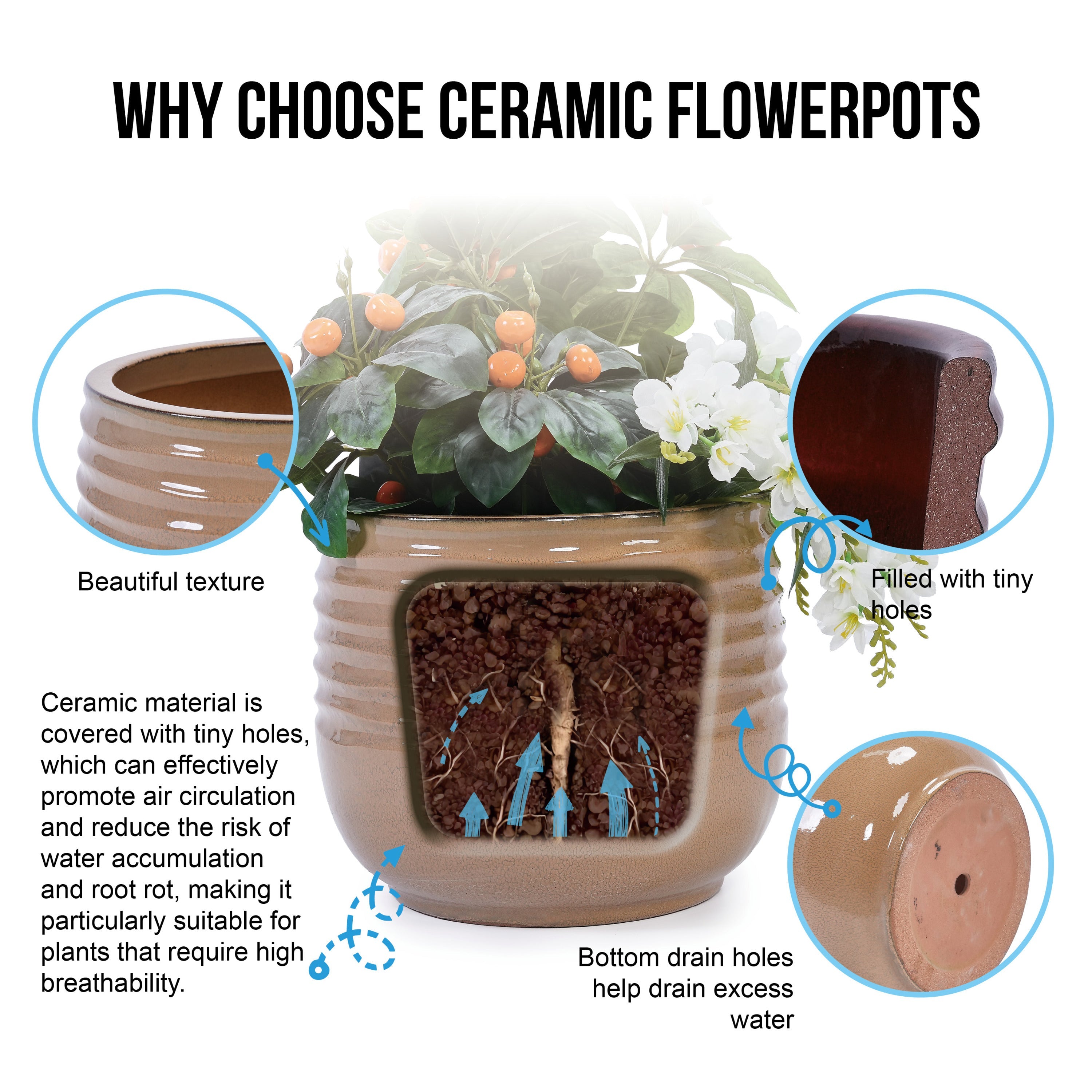 Set of 3 Ceramic Flowerpots - Antique Bronze