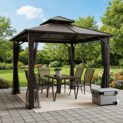 10x12 Dark Brown Hardtop Gazebo With Steel Frame And Netting