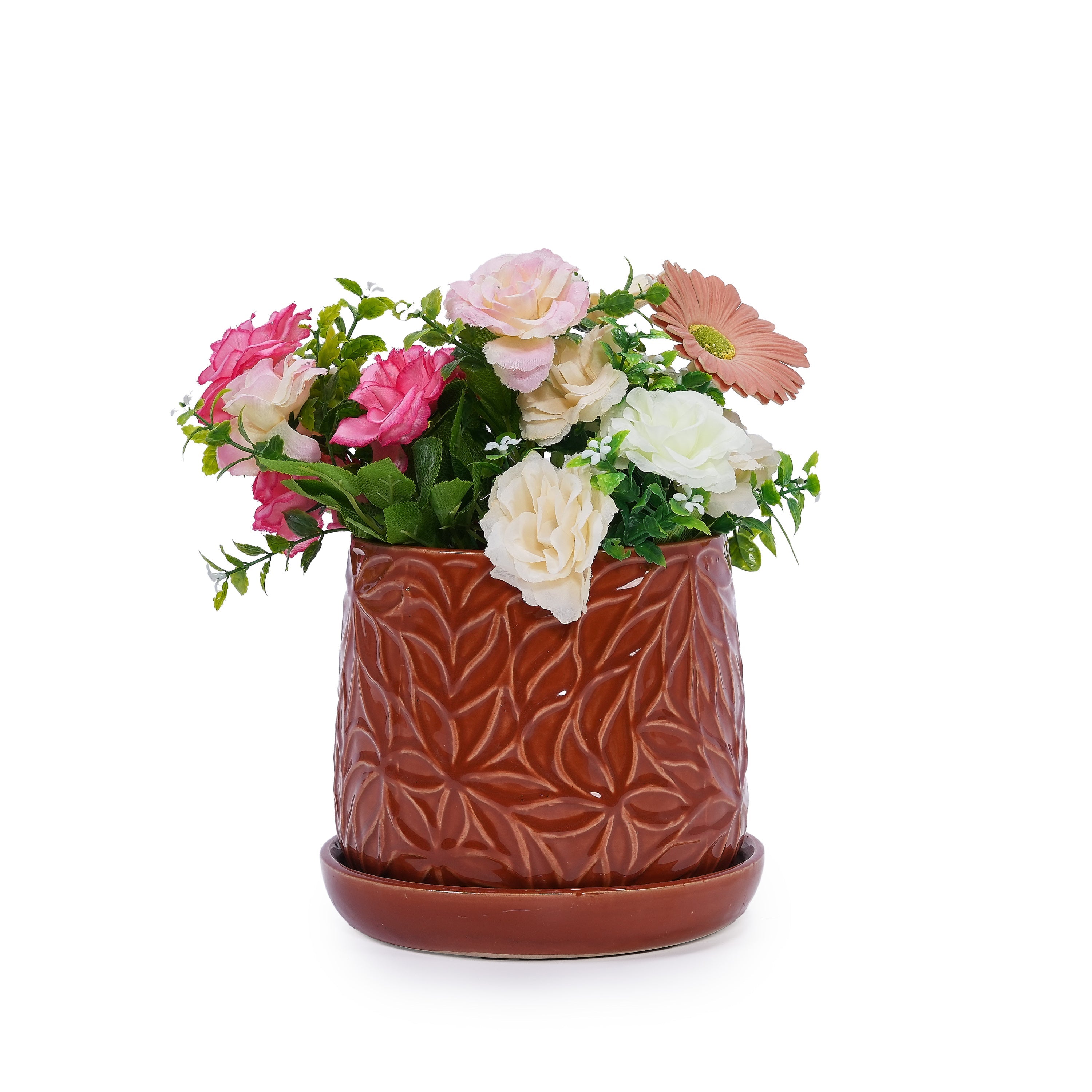 Set of 2 Embossed Ceramic Flowerpots - Red