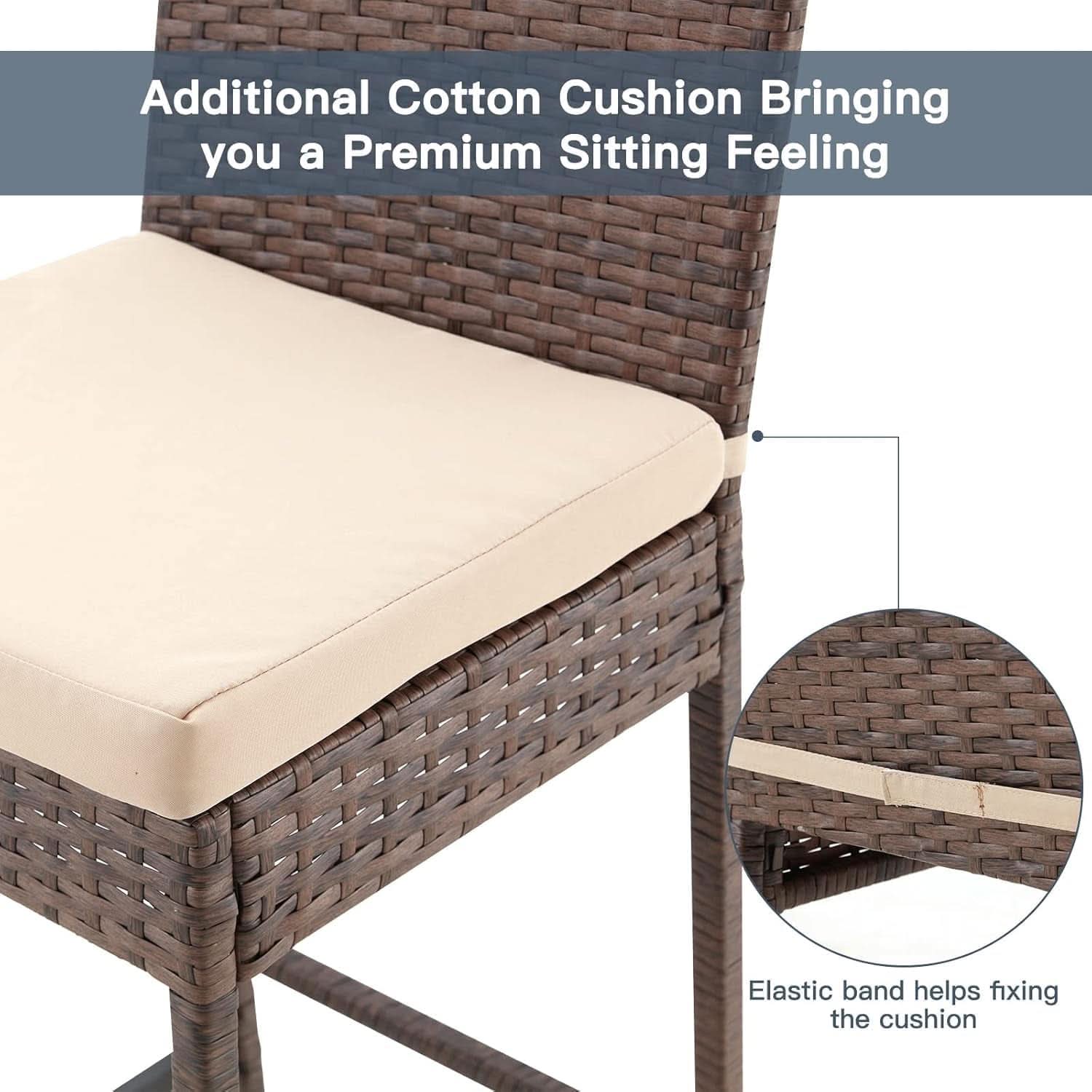 Outdoor Rattan Bar Stools w/ Beige Cushions - Set of 4