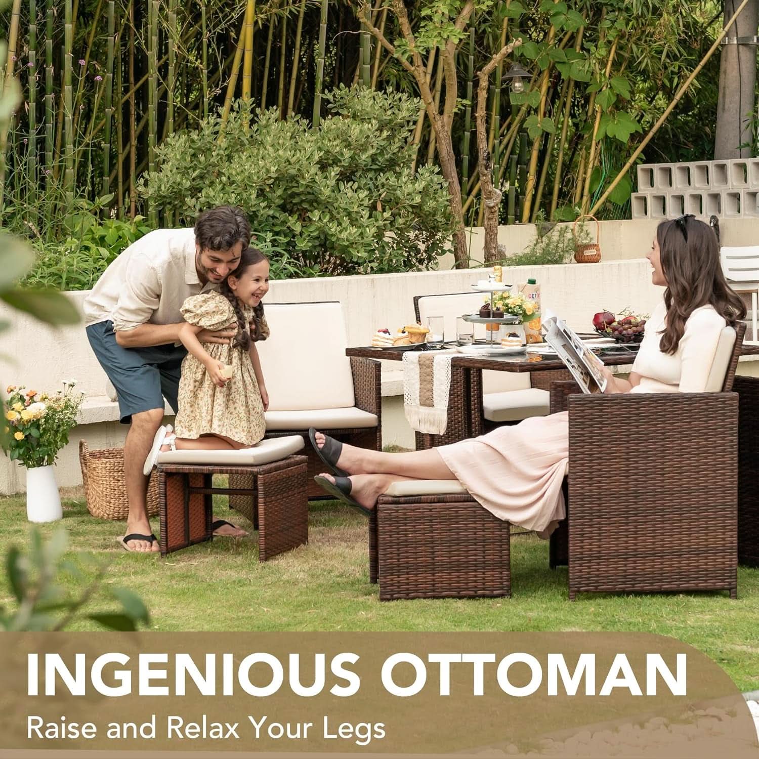 9 Piece Outdoor Space Saving Dining Set - Brown Rattan Chairs With Beige Cushions