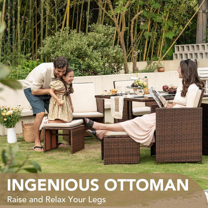 9 Piece Outdoor Space Saving Dining Set - Brown Rattan Chairs With Beige Cushions
