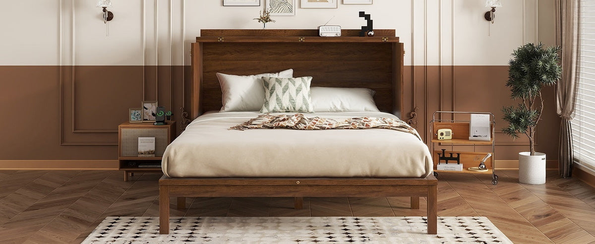 Queen Size Murphy Bed, Pine Wood with Power Station and Rattan Decoration Panel - Walnut