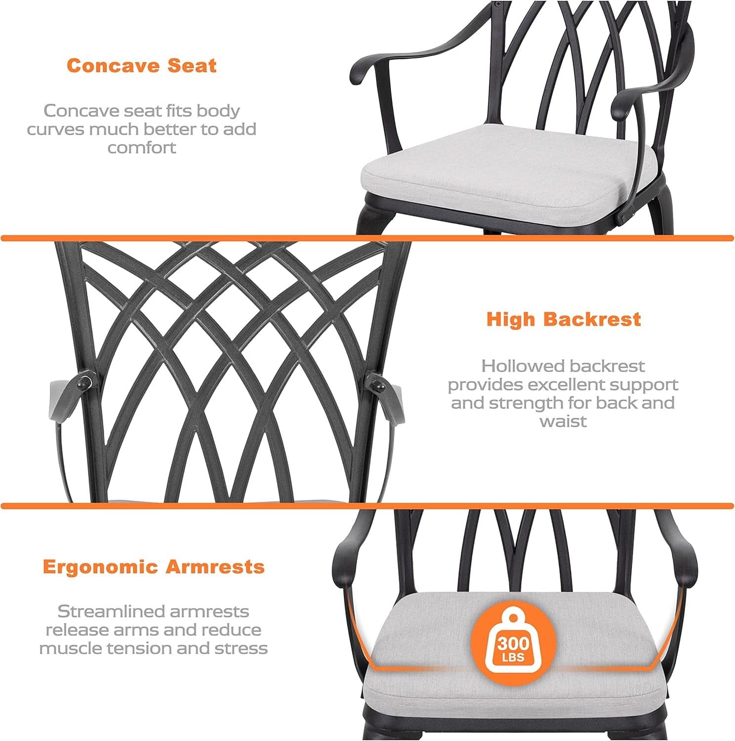 3 Piece Outdoor Cast Aluminum  Bistro Set - Black with Gray Cushions