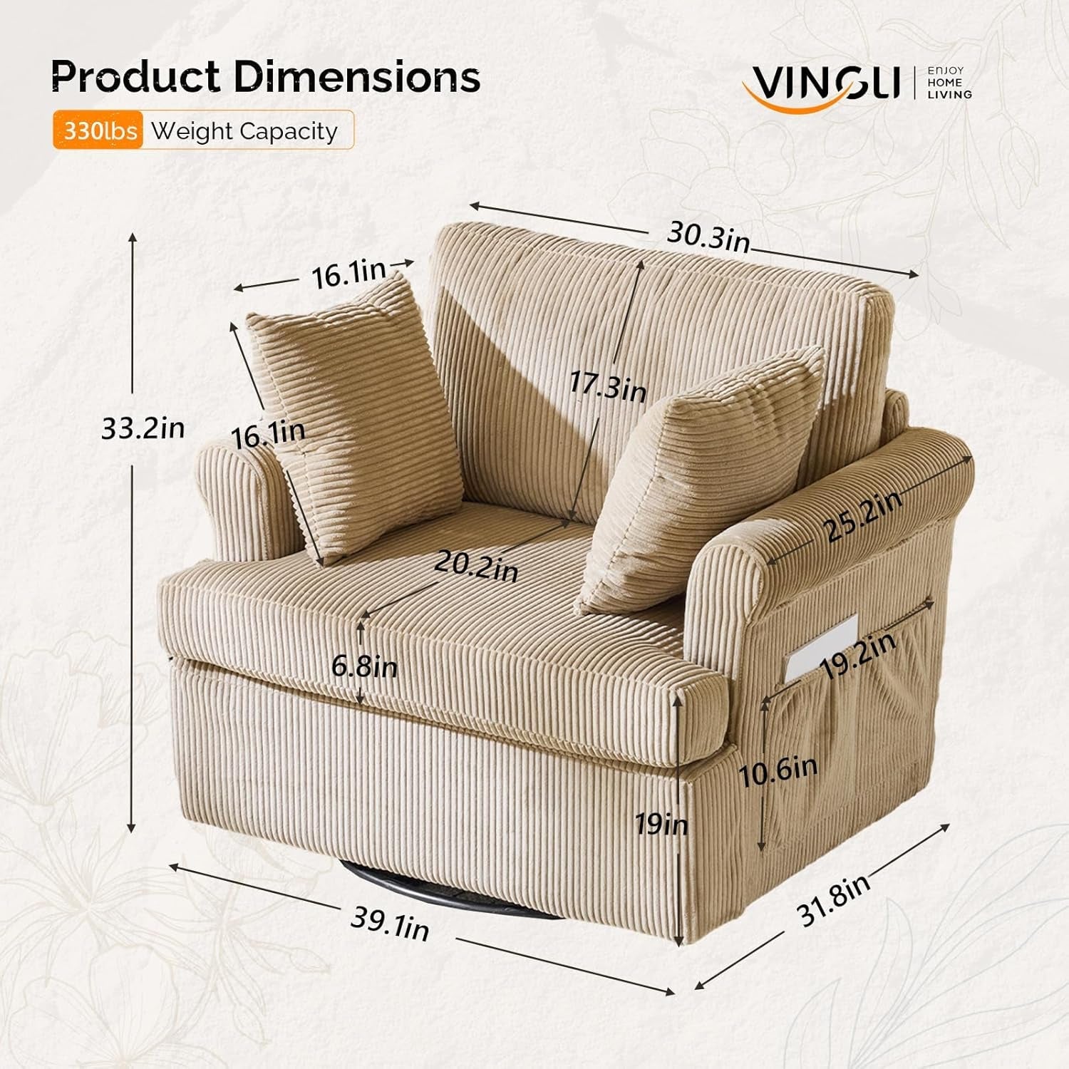 Vingl Extra Wide Swivel Armchair in Khaki Corduroy