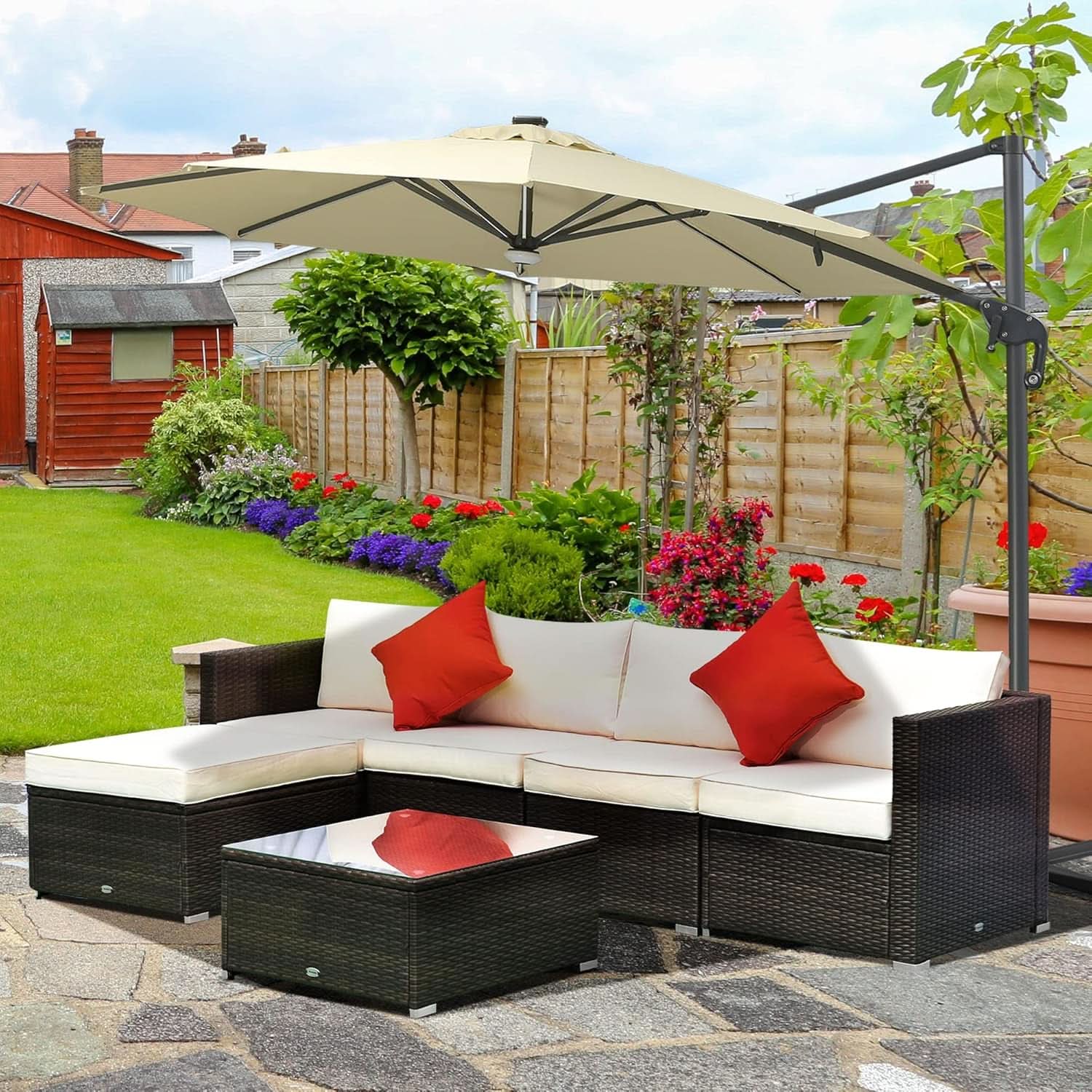 6 Piece Wicker Modular Sectional Set with Ottoman - Espresso/Cream