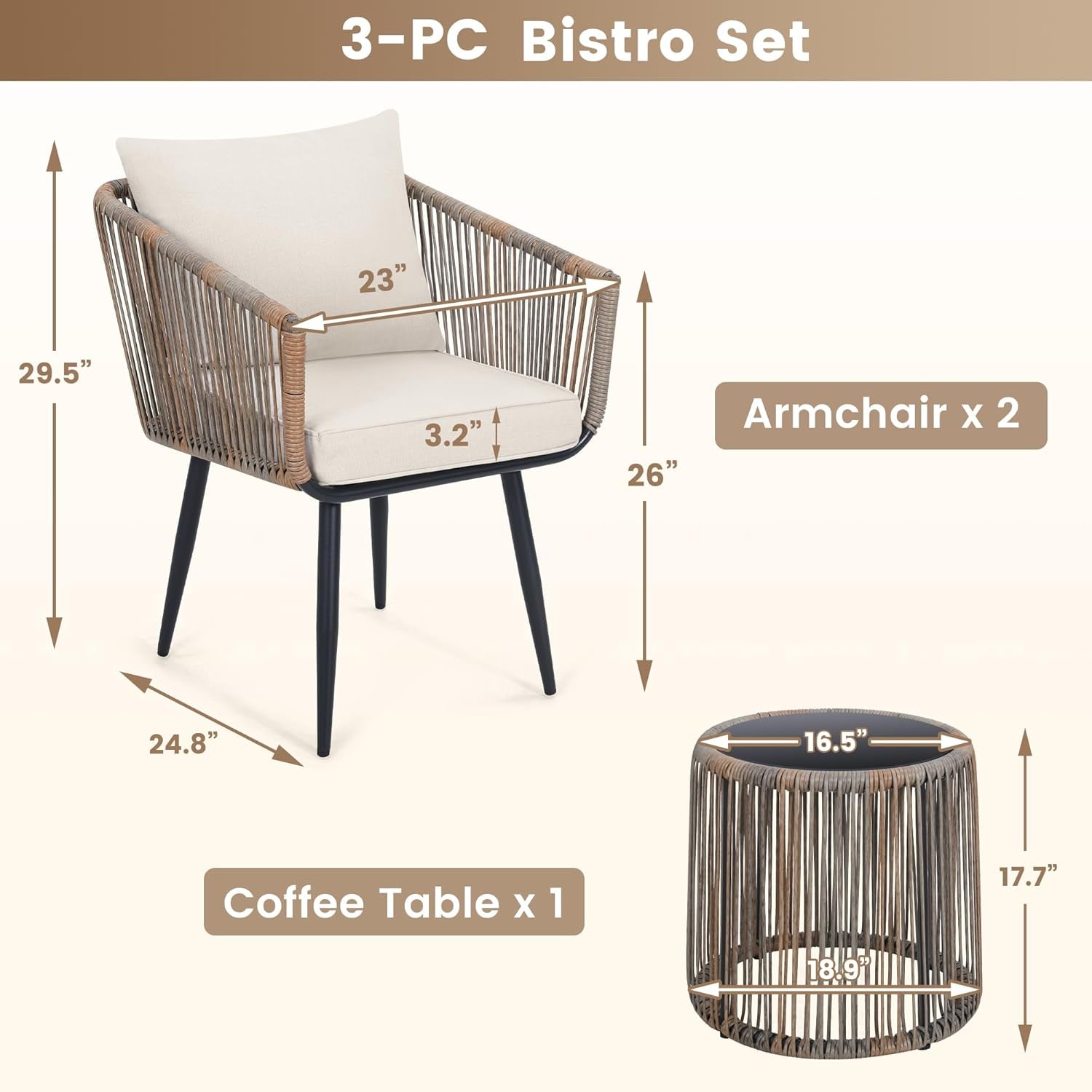 Beige 3 Piece Rattan Bistro Conversation Set