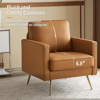 Brown PU Leather Accent Chairs With Gold Legs - 2 pc Set