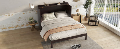 Queen Size Murphy Bed, Pine Wood with Power Station and Rattan Decoration Panel - Espresso