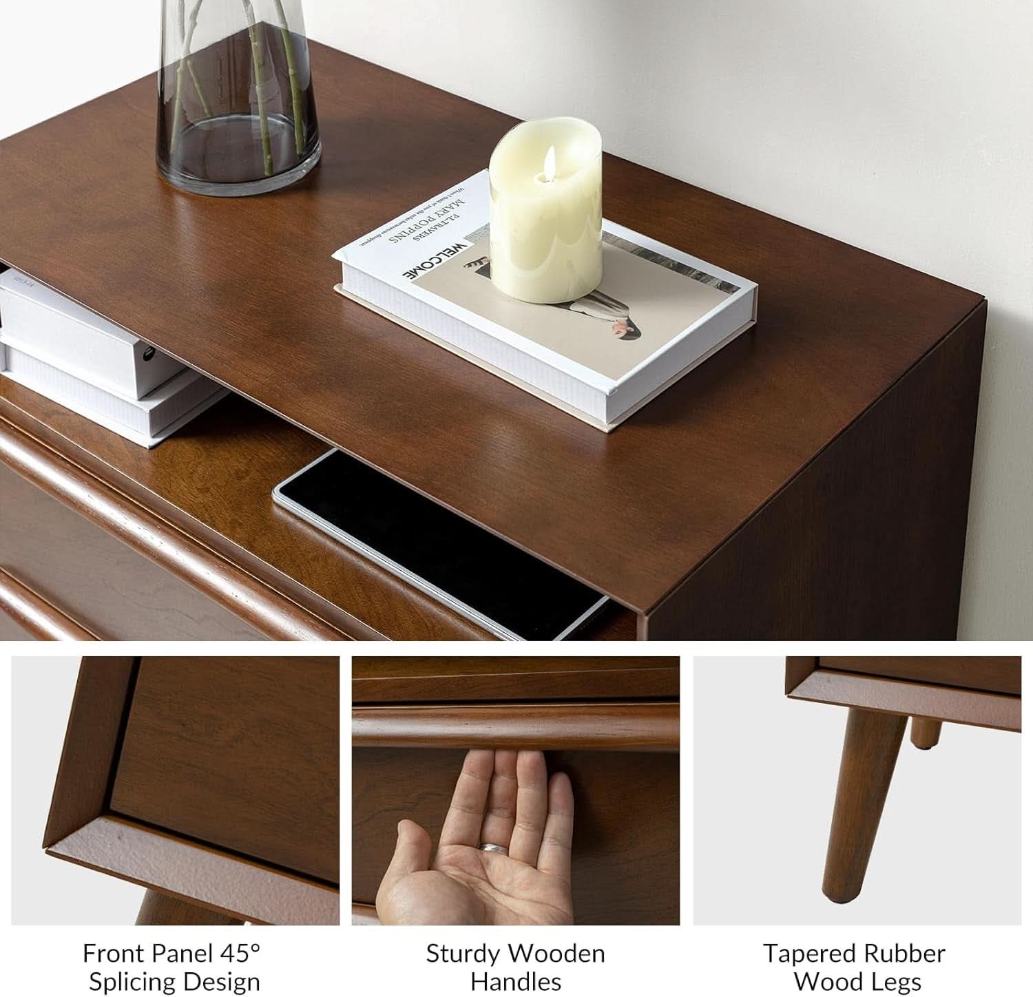 Mid Century Modern Nightstand with Charging Station in Walnut