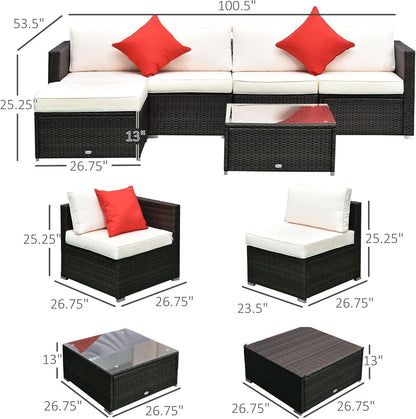 6 Piece Wicker Modular Sectional Set with Ottoman - Espresso/Cream