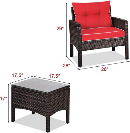 3 Piece Wicker Patio Conversation Set With Red Cushions