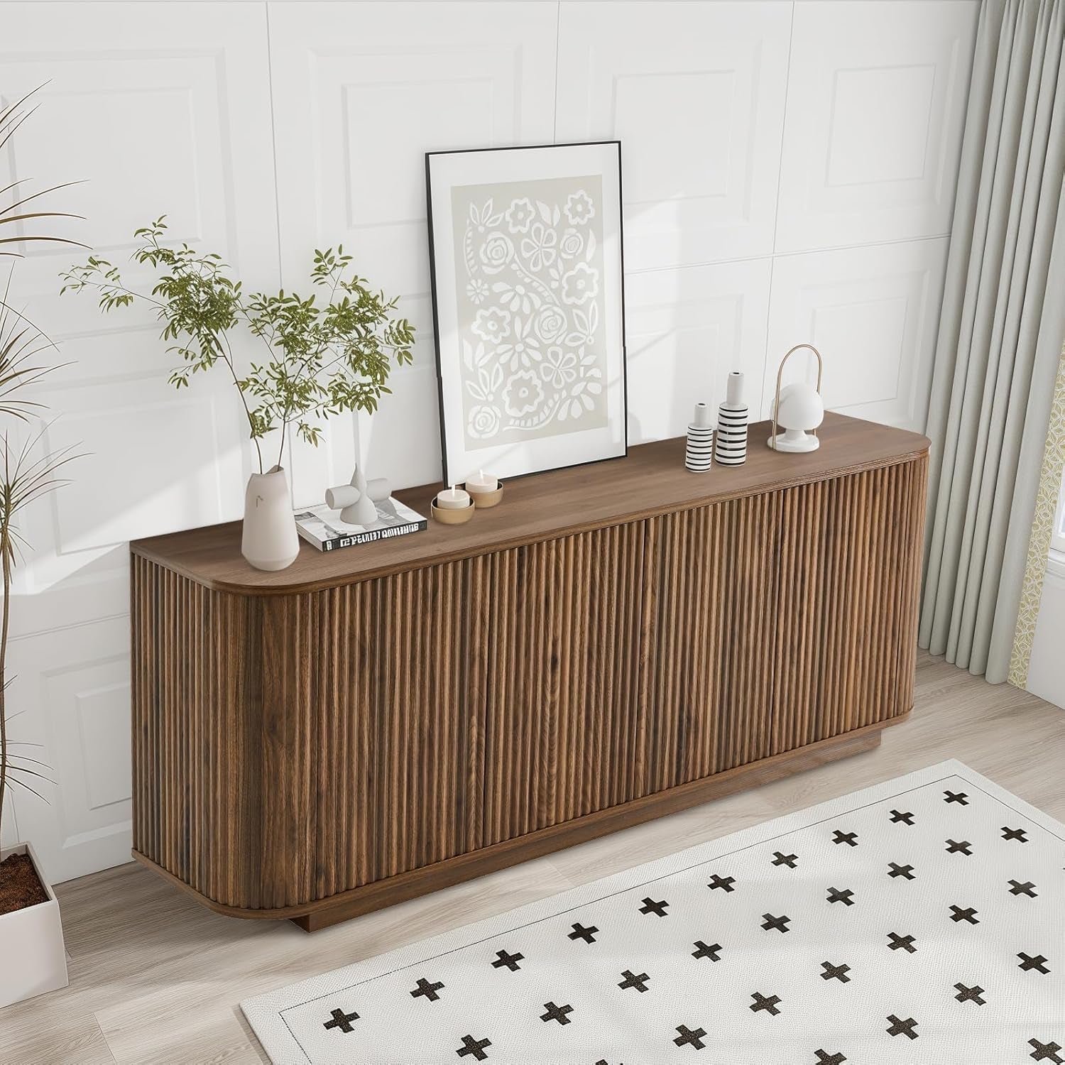 64 Inch Walnut Contemporary Buffet Sideboard Cabinet