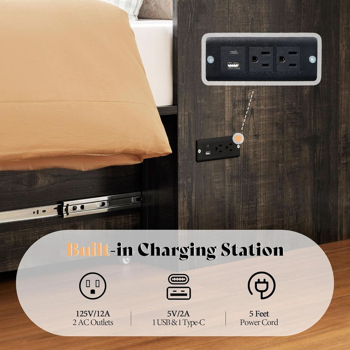 Black Oak Murphy Bed Cabinet With USB - Queen Size