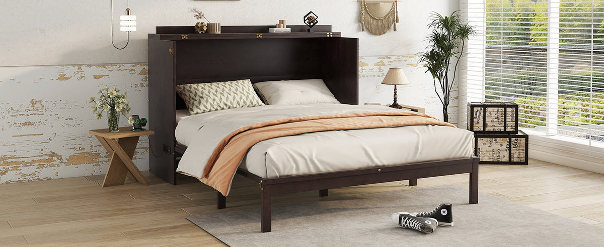 Queen Size Murphy Bed, Pine Wood with Power Station and Rattan Decoration Panel - Espresso