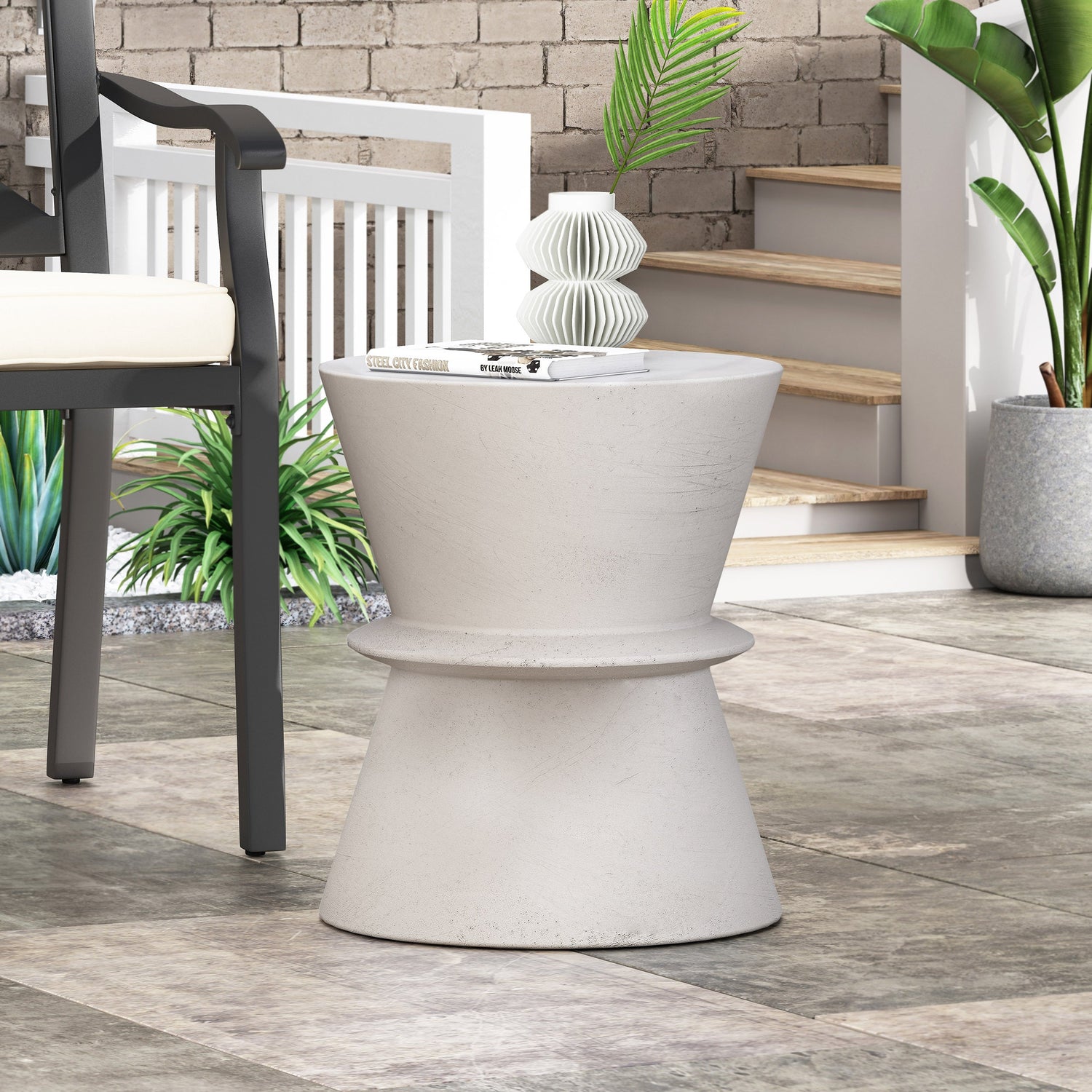 Outdoor Lightweight Concrete Hourglass End Table in Antique White Finish