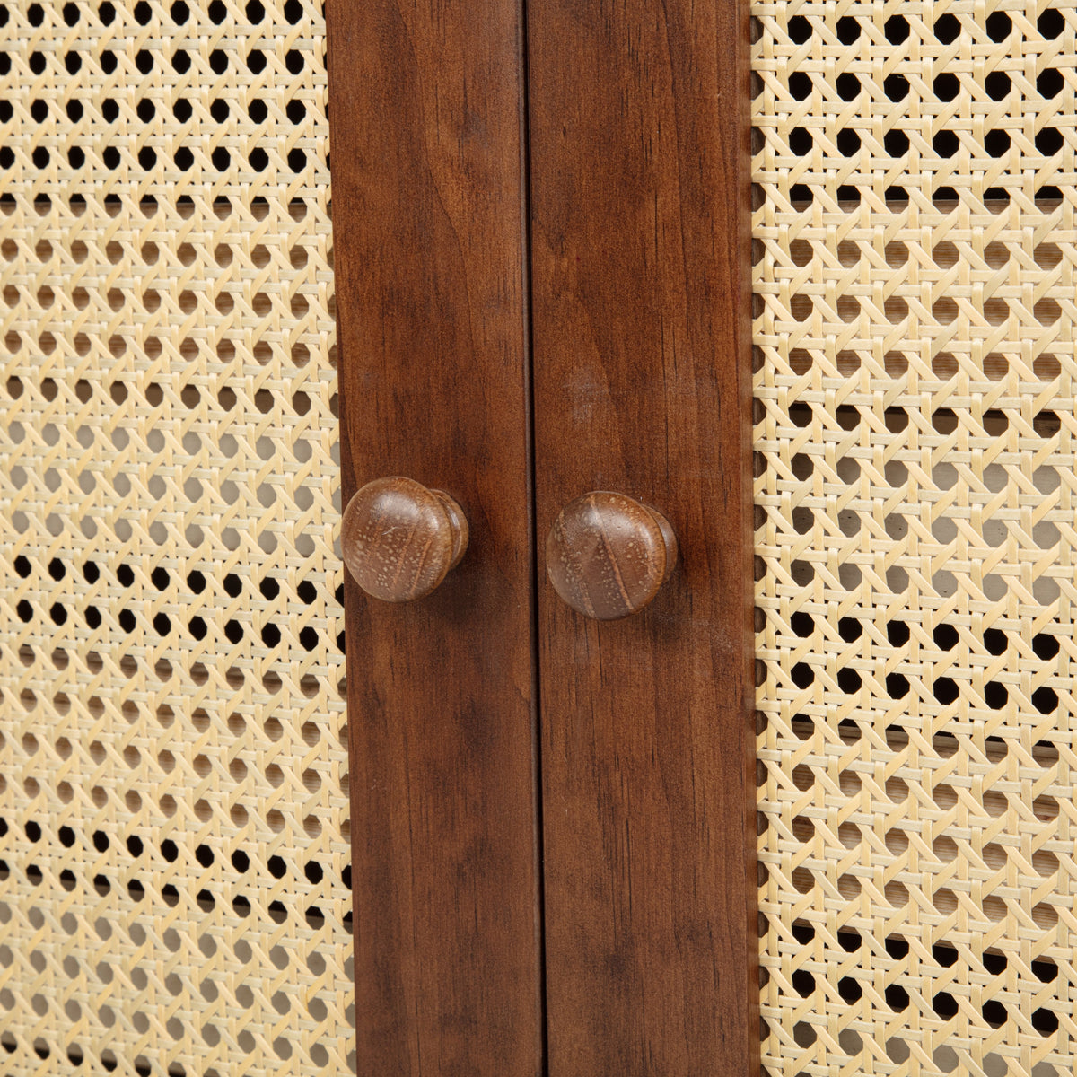 Queen Size Murphy Bed, Pine Wood with Power Station and Rattan Decoration Panel - Walnut