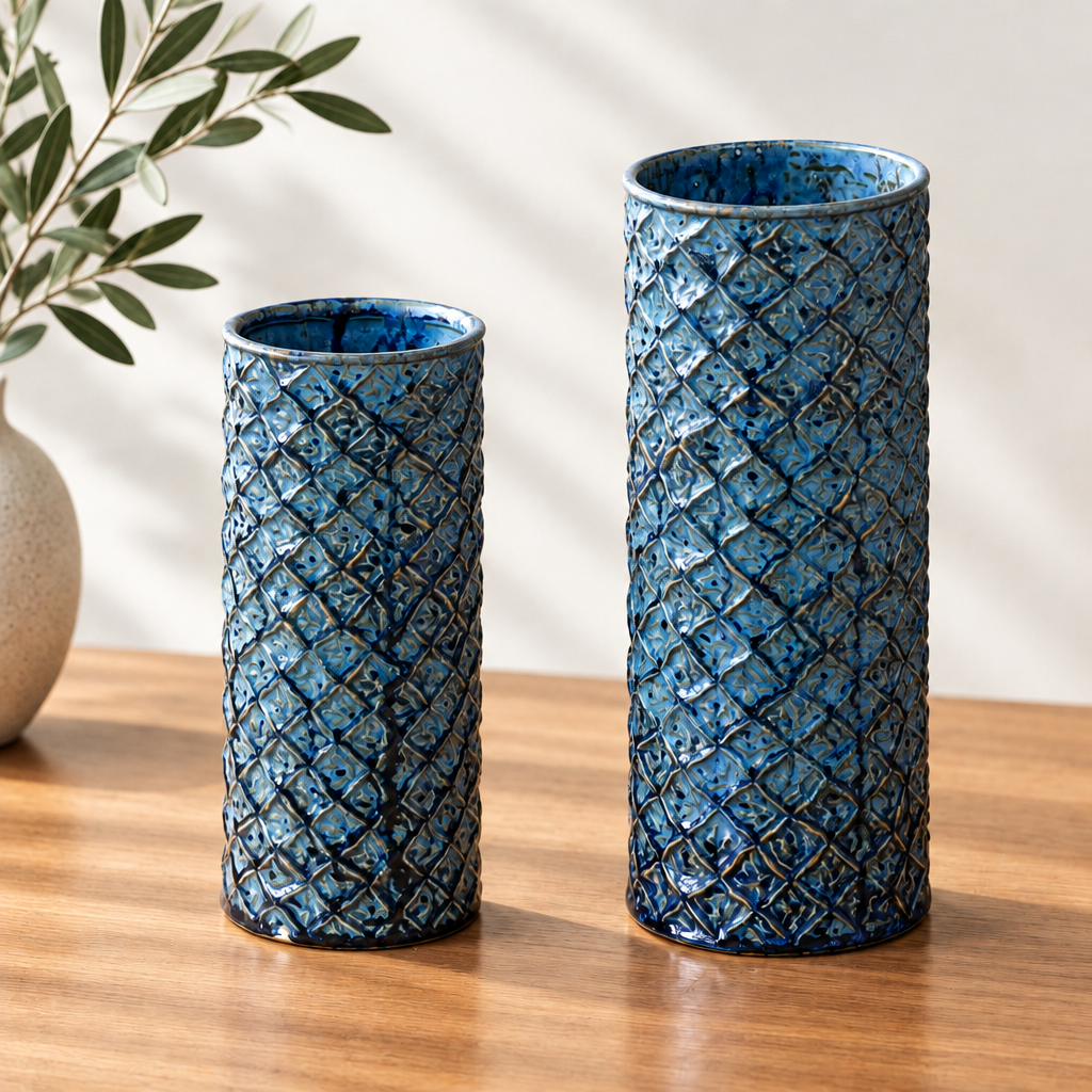 Blue Ceramic Diamond Pattern Vase | 2 Sizes