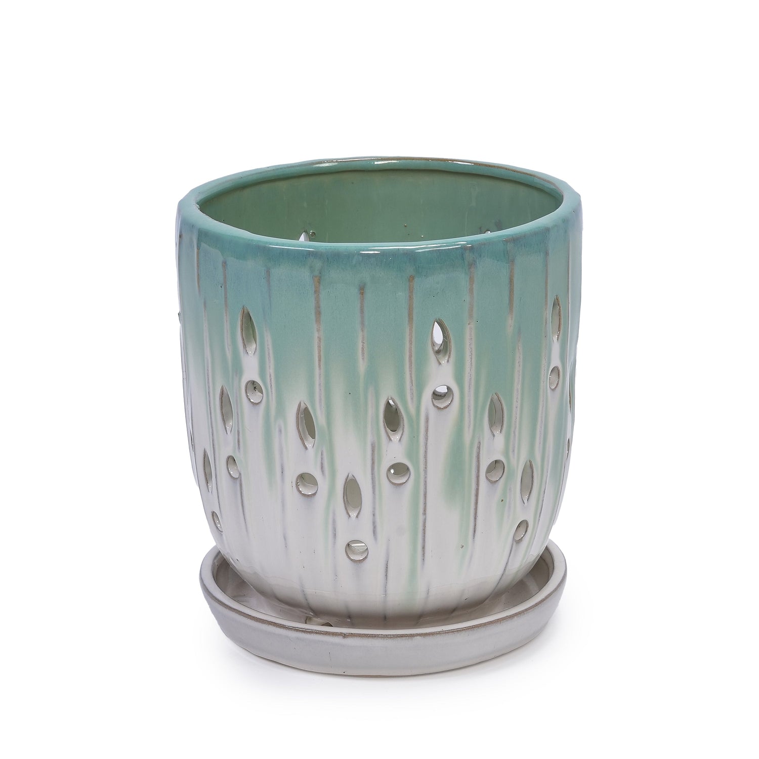 Set of 2 Ceramic Flowerpots - White/Aqua